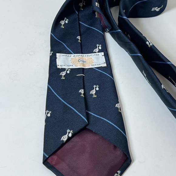 Chipp New Haven Custom Tailor All Over Print Stork Pattern Navy Blue Tie - Picture 8 of 9